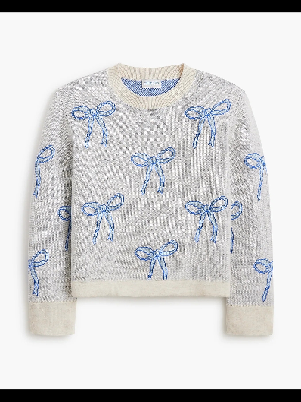 Crewcuts Girls Printed Ribbed Neck Crewneck Sweater, Medium/ 8-9, Gray/ Blue
